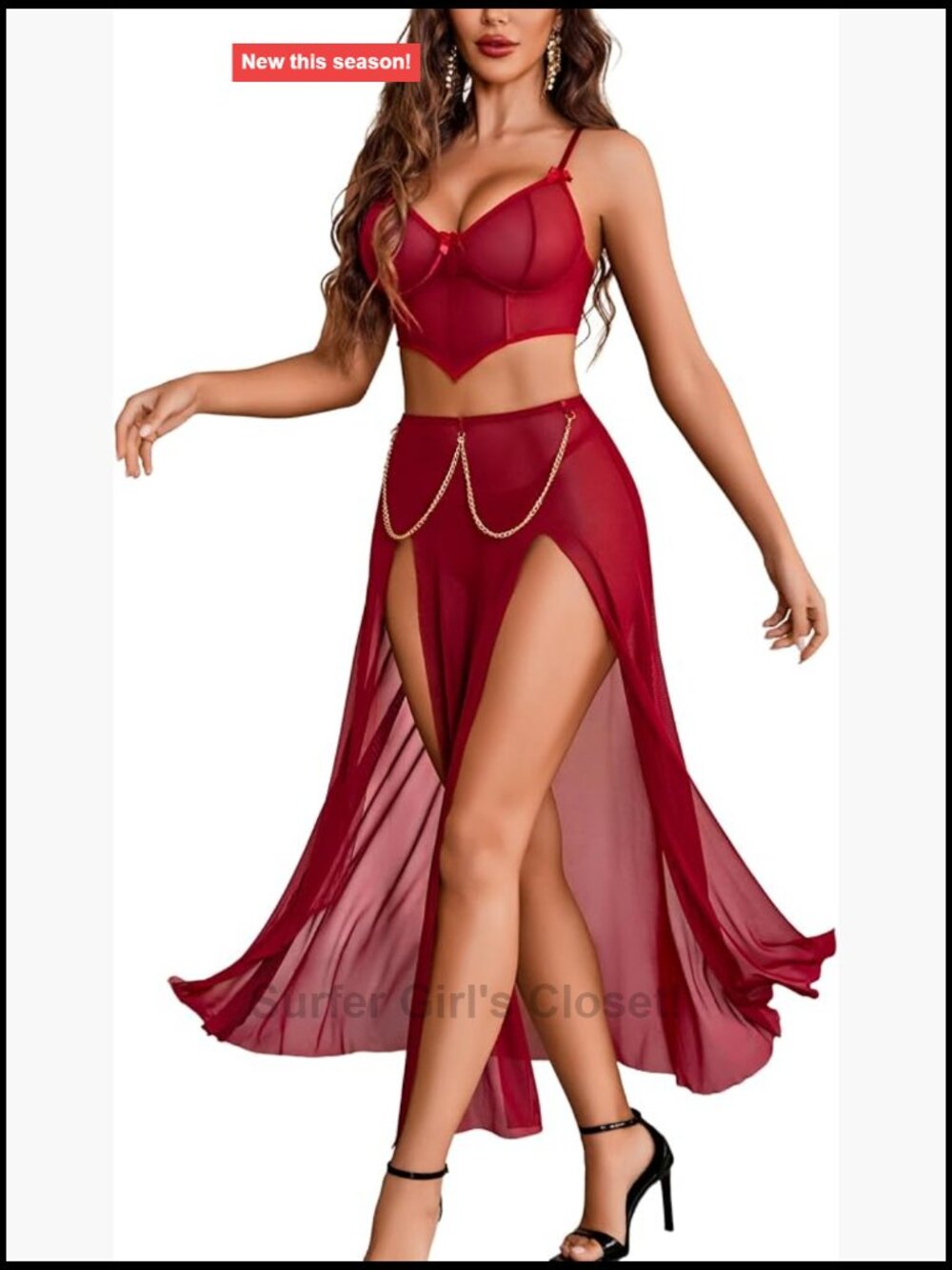 Women's 3-Piece Mesh Lingerie Set: Crop Top, Split Maxi Skirt, Thong